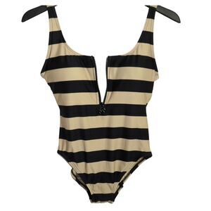 Michael Kors Tan + Black Striped Padded Wireless Zip One Piece Swimsuit Size 10